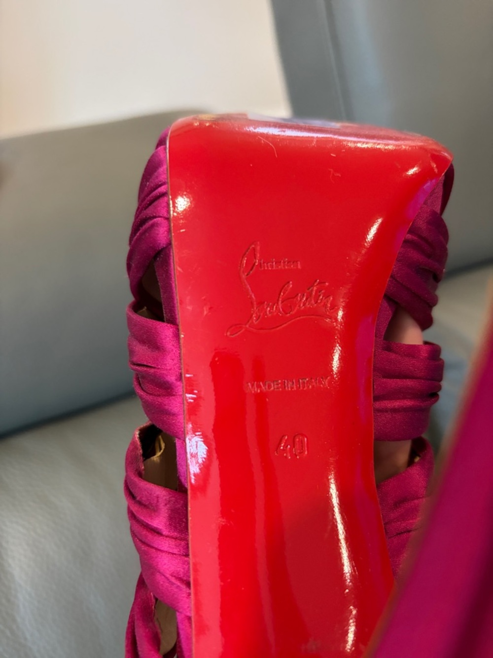 Christian Louboutin Magenta Satin Strappy Platform Heels - Picture 6 of 10